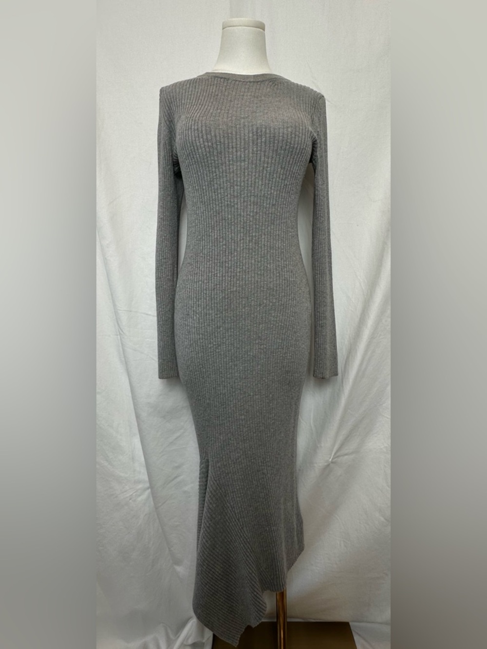 Michael Kors Ribbed Knit Long Sleeve Maxi Dress - Asymmetrical Hem - Gray - M
